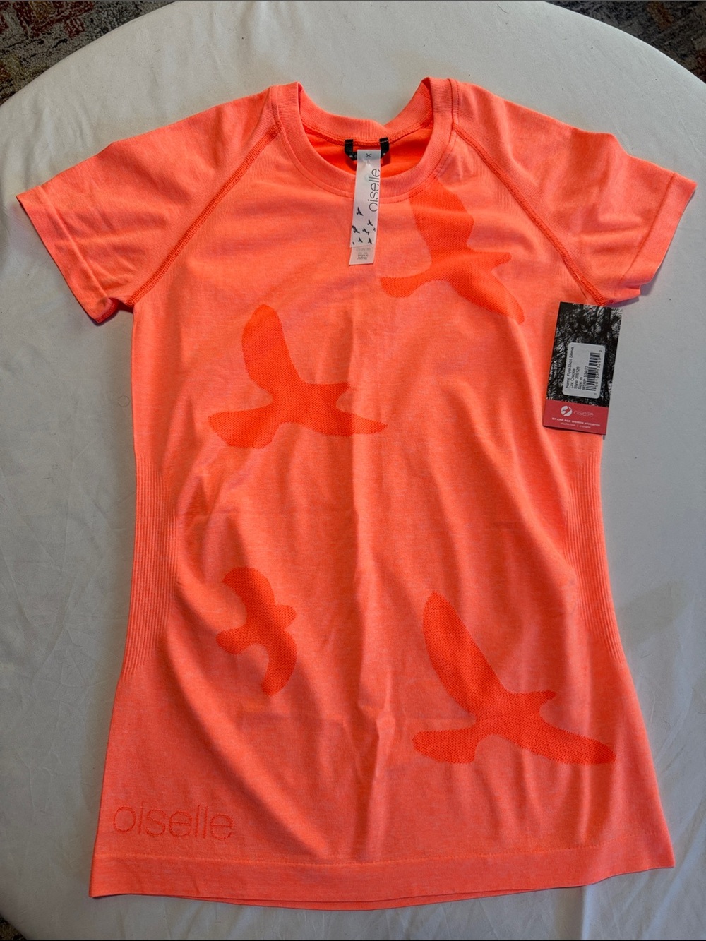 oiselle Flyte Short Sleeve Neon Coral Orange Workout Running Tee Shirt Top NWT M